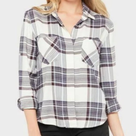 BOGO! Anthropologie Cloth and Stone Plaid Flannel Button Down Top Size M - Picture 4 of 5